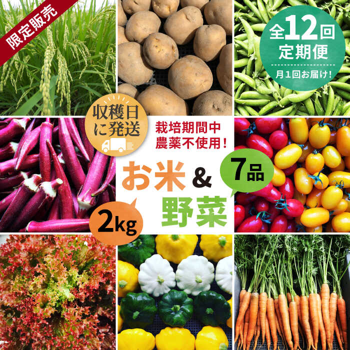 [全12回定期便][☆畑直送☆限定販売!栽培期間中農薬不使用!]お米 2kg / 野菜 7品 詰め合わせ セット 糸島市 / オーガニックナガミツファーム [AGE038] 202000円 200000円 20万