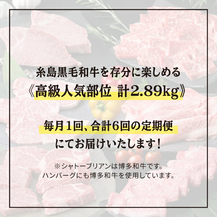 【ふるさと納税】【全6回定期便】糸島黒毛和牛 食べ比べ (ヒレ/ランプ/カルビ/バラ/サーロイン/シャトーブリアン/モモ/ハンバーグ) 計2.89kg 糸島 / 糸島ミートデリ工房 [ACA110] 黒毛和牛 冷凍配送 100000円 10万円