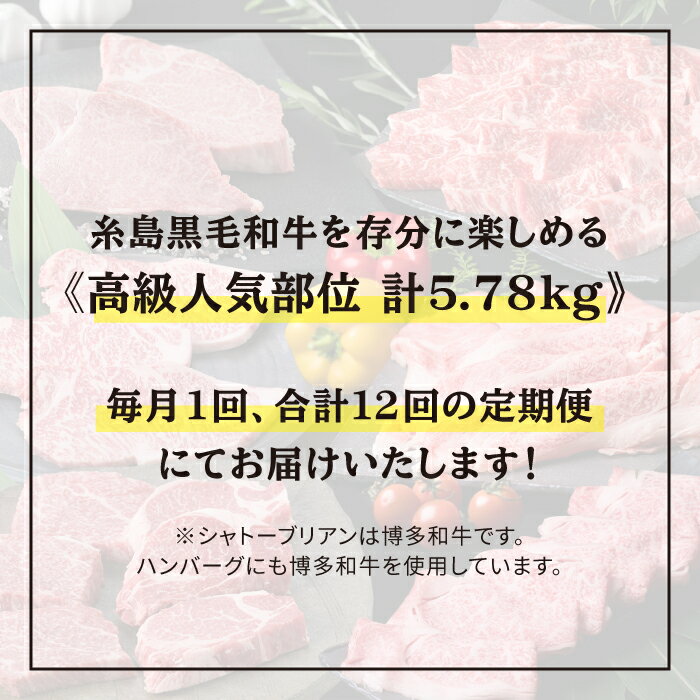 【ふるさと納税】【全12回 定期便 】 糸島 黒毛和牛 食べ比べ 合計5.78kg ヒレ ランプ カルビ バラ サーロイン シャトーブリアン モモ ハンバーグ 【糸島ミートデリ工房】 [ACA111] 黒毛和牛 冷凍配送 200000円 20万円