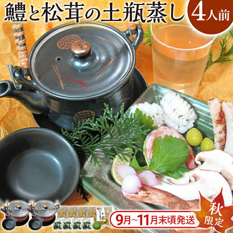 【ふるさと納税】秋限定 鱧と松茸の土瓶蒸し 4人前セット （土瓶2個 + 具材・出汁4パック） 鱧 ハモ 松茸 イカ 海老 銀杏 生麩 かぼす スダチ 土瓶蒸し 器 送料無料 【毎年 9月上旬から11月下旬の間に発送します】のサムネイル