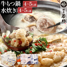 【ふるさと納税】 博多若杉 牛もつ鍋(醤油味) 4～5人前 + 博多水炊き 4～5人前 贅沢セット 鍋 牛もつ 小腸 ちゃんぽん コラーゲン スープ 国産 鳥もも肉 つくね 老舗 高級 食品 食べ物 グルメ 博多 九州 送料無料