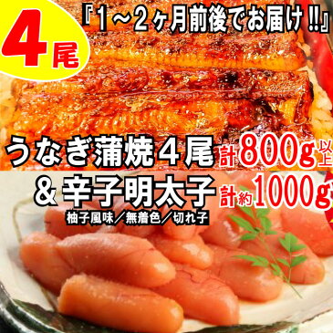 【ふるさと納税】うなぎの蒲焼4尾＆無着色辛子明太子1キロ【ご飯のお供！最強セット】 鰻 たれ 山椒 訳あり めんたいこ 切れ子 柚子風味 1kg .B179