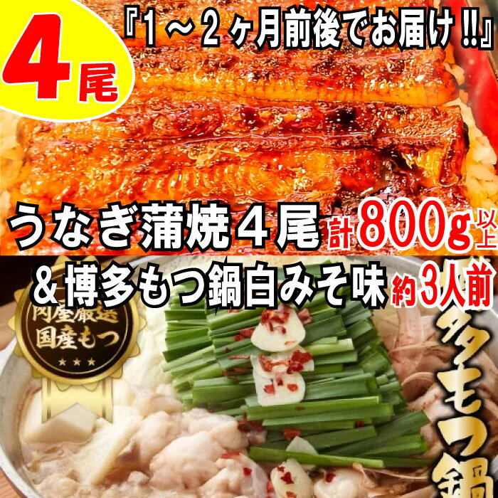 その他水産物(その他)人気ランク26位　口コミ数「6件」評価「3」「【ふるさと納税】うなぎの蒲焼4尾＆博多もつ鍋白みそ味（3人前）【スタミナ満点セット】鰻 たれ 山椒 牛もつ 国産 ホルモン 牛小腸 ちゃんぽん麺 .BD017」