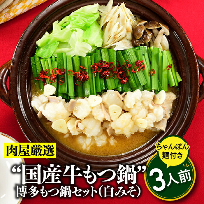 【ふるさと納税】《肉屋厳選“国産牛もつ鍋”》博多もつ鍋セット（白みそ）3人前 ホルモン 牛小腸 ちゃんぽん麵 コラーゲン 味噌 スープ .A1343