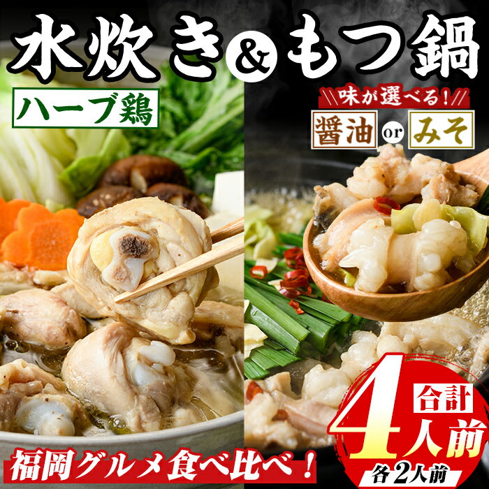 【ふるさと納税】＜味が選べる！＞博多名物！九州産ハーブ鶏水炊き&(醤油味 or 味噌味) 国産牛もつ鍋食..