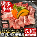 【ふるさと納税】【A4~A5】博多和牛焼肉用3種盛りセット(合計530g・カルビ230g/イチボ150g/ミスジ150g) 国産 九州産 福岡県産 牛肉 和牛 黒毛和牛 ステーキ お肉 焼き肉 BBQ バーベキュー かるび いちぼ みすじ 霜降り 高級部位 希少部位 冷凍【朝ごはん本舗】