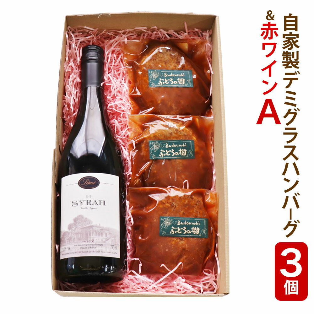 【ふるさと納税】ぶどうの樹 自家製 ハンバーグ (3個) 合計450g 150g×3個 赤ワイン 750ml セットA 肉 加工品 加工肉 惣菜 シラー種 ワイン お酒 アルコール飲料 食品 詰め合わせ 冷蔵 九州産 福岡県 岡垣町 送料無料