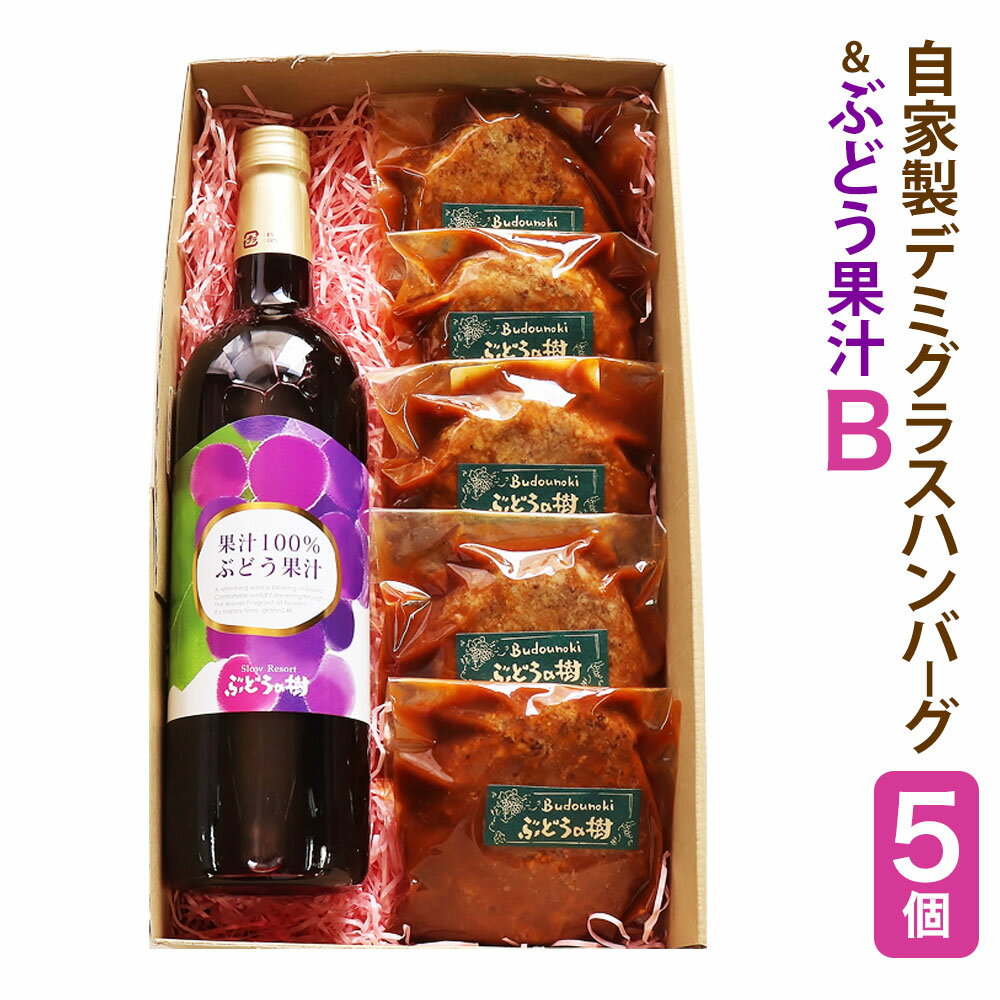 【ふるさと納税】ぶどうの樹 自家製 ハンバーグ (5個) 合計750g 150g×5個 ぶどう果汁 750ml セットB 肉 加工品 加工肉 惣菜 食品 詰め合わせ 冷蔵 九州産 福岡県 岡垣町 送料無料