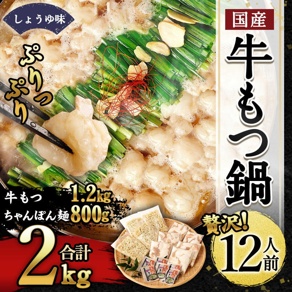 【ふるさと納税】国産 牛もつ鍋 12人前 合計2kg 牛もつ 1.2kg ちゃんぽん麺 800g 濃縮スープ 180g たっぷり 大容量 モツ鍋 もつ鍋 セット もつ モツ ホルモン 鍋 醤油 スープ付 冷凍 九州産 福岡県産 送料無料【2021年9月〜2022年4月順次発送】