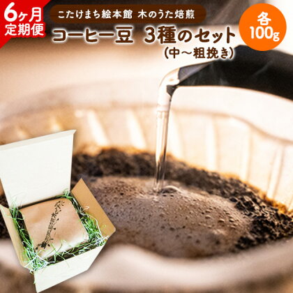 【6ヶ月定期便】コーヒー豆3種のセット 各100g(中～粗挽き) 計300g 旬のおすすめ豆 エチオピア・モカ オリジナルブレンド 送料無料 こたけまち絵本館木のうた《お申込み月の翌月から出荷開始》