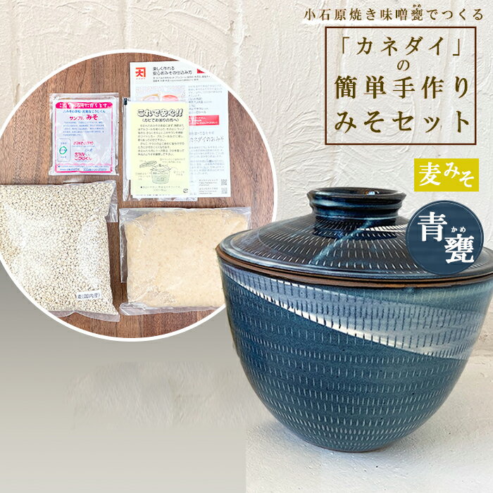 【ふるさと納税】 小石原焼 味噌甕 てづくり カネダイ 簡単 手作り みそセット 青甕 あおがめ 麦みそ FQ4