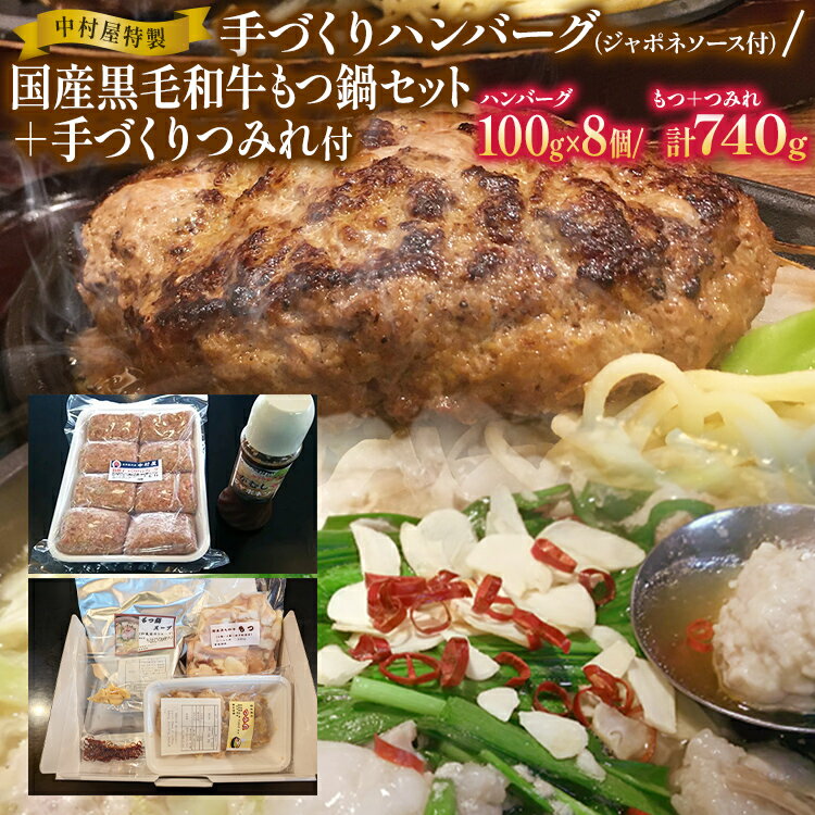 中村屋特製 手づくりハンバーグ/国産黒毛和牛もつ鍋セット＋手作りつみれ付き おすすめ 福岡県 大木町 AM004