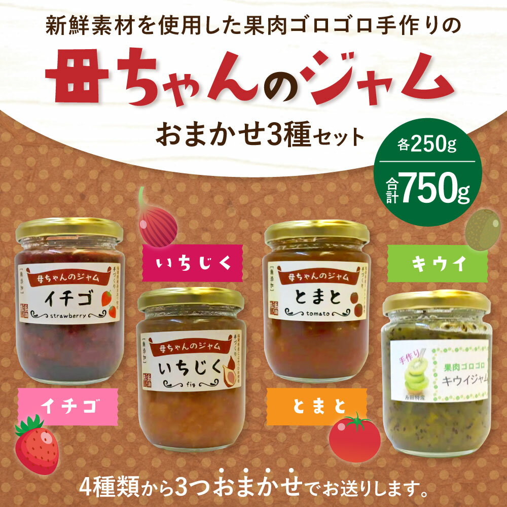 【ふるさと納税】母ちゃんのジャム 手作りジャム 250g 合計750g おまかせ3種 (各1個) セット いちご いちじく キウイ トマト ジャム 瓶 送料無料