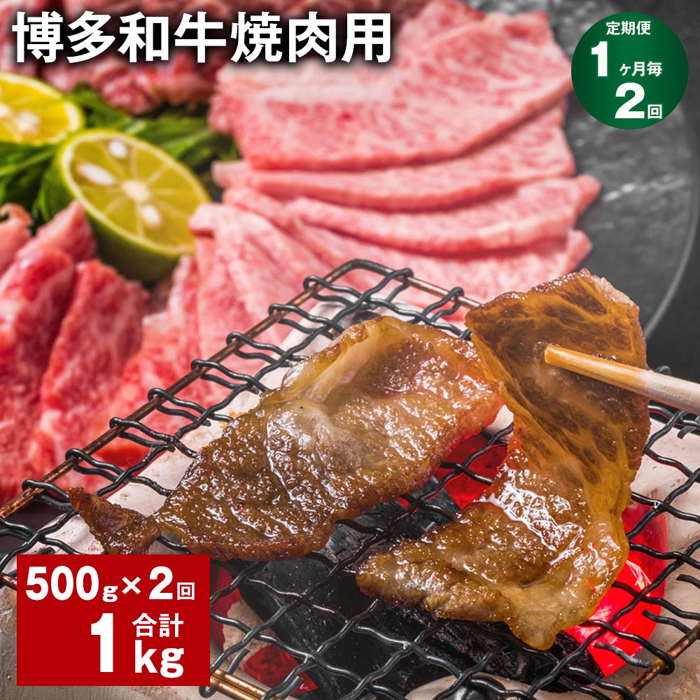 【定期便】【1ヶ月毎2回】博多和牛焼肉用 500g×1パック 計1kg（500g×2回） 牛バラ 肩ロース モモ 牛肉 お肉 黒毛和牛 冷凍 国産 福岡県産 九州 福岡県 糸田町 送料無料