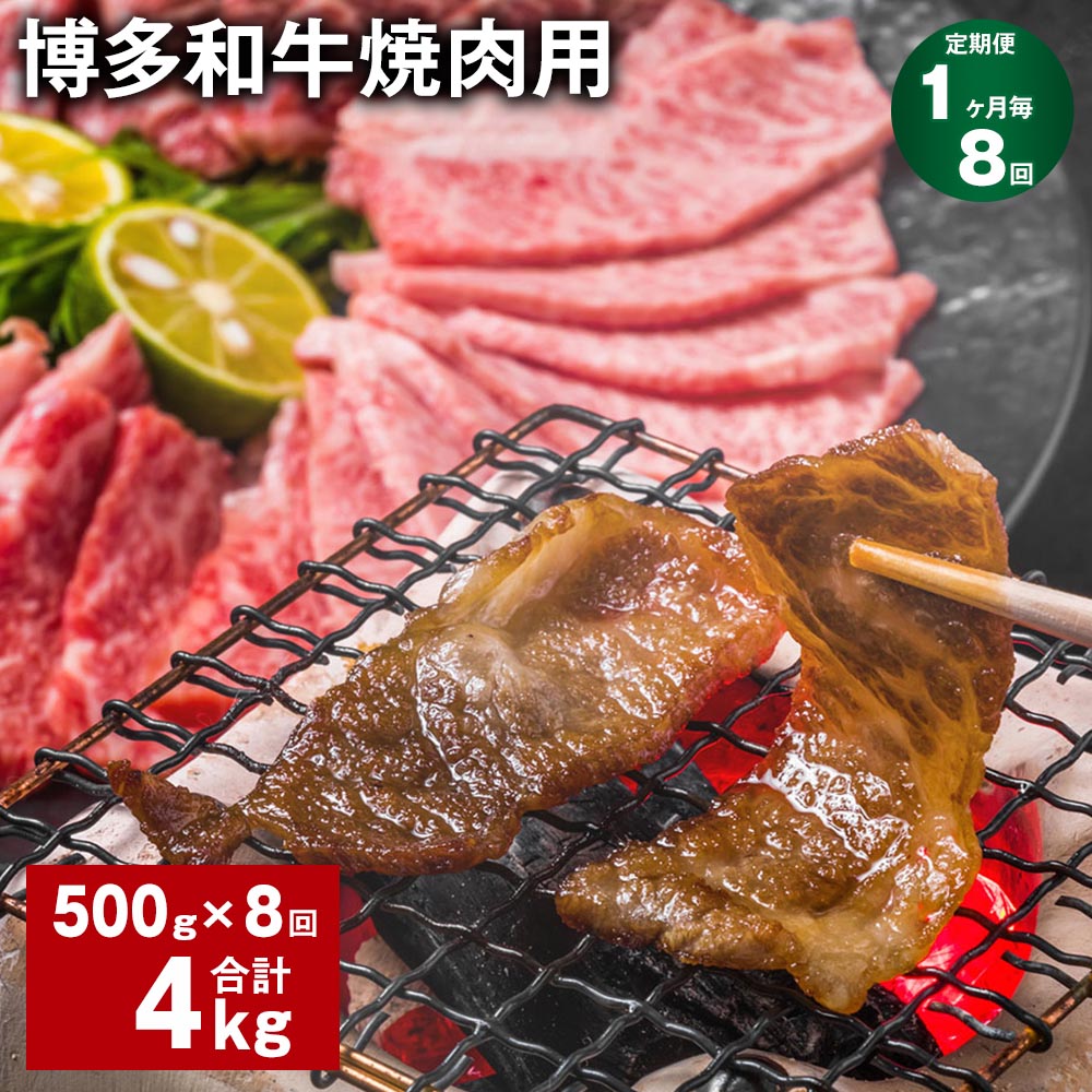 【定期便】【1ヶ月毎8回】博多和牛焼肉用 500g×1パック 計4kg（500g×8回） 牛バラ 肩ロース モモ 牛肉 お肉 黒毛和牛 冷凍 国産 福岡県産 九州 福岡県 糸田町 送料無料
