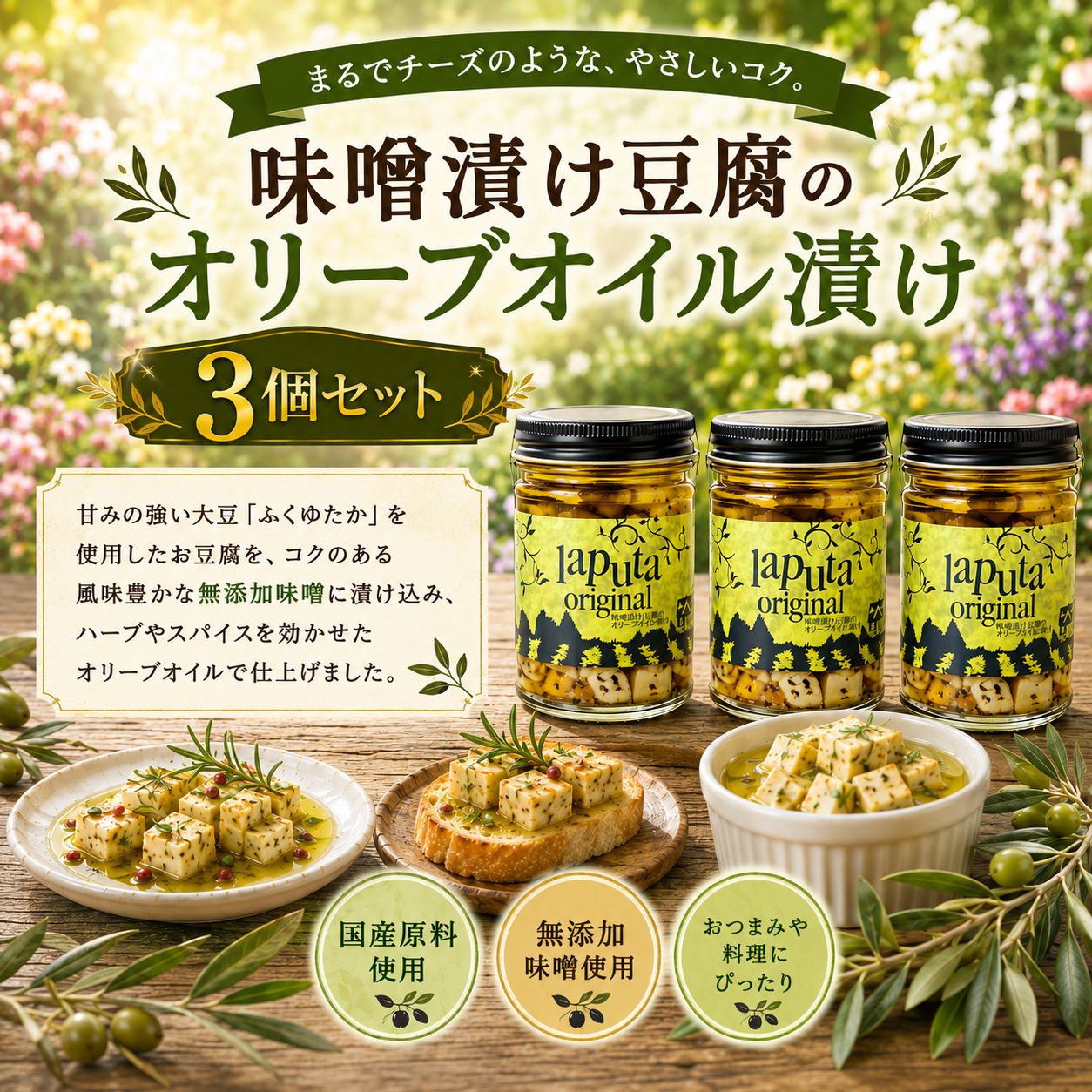 自然派レストラン人気の味噌漬け豆腐のオリーブオイル漬け 3個セット 果樹園 レストラン ラピュタファーム 味噌 豆腐 お酒に合う おつまみ レストラン 福岡 川崎