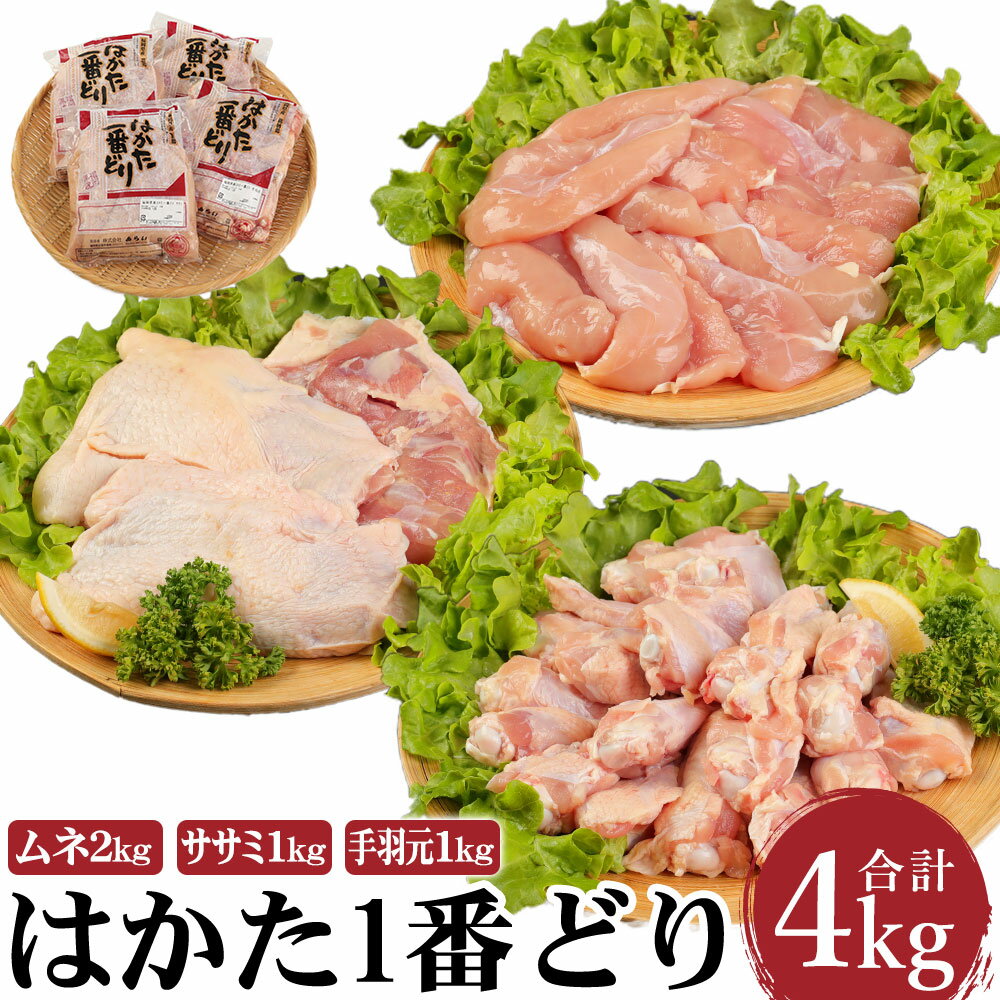 はかた1番どり 4kg セット(ムネ2kg・ササミ1kg・手羽元1kg) 鶏肉 とり肉 ムネ 鶏むね ササミ ささみ 手羽元 地鶏 小分け 冷凍 福岡県産 九州産 国産 送料無料