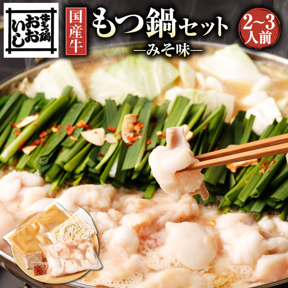 【ふるさと納税】国産牛 もつ鍋セット みそ味 2～3人前 牛もつ鍋おおいし 小腸 スープ ちゃんぽん麺 ごま・唐辛子入り モツ鍋 もつ鍋 セット もつ モツ ホルモン 鍋 味噌 スープ付 冷凍 九州産 福岡県産 送料無料