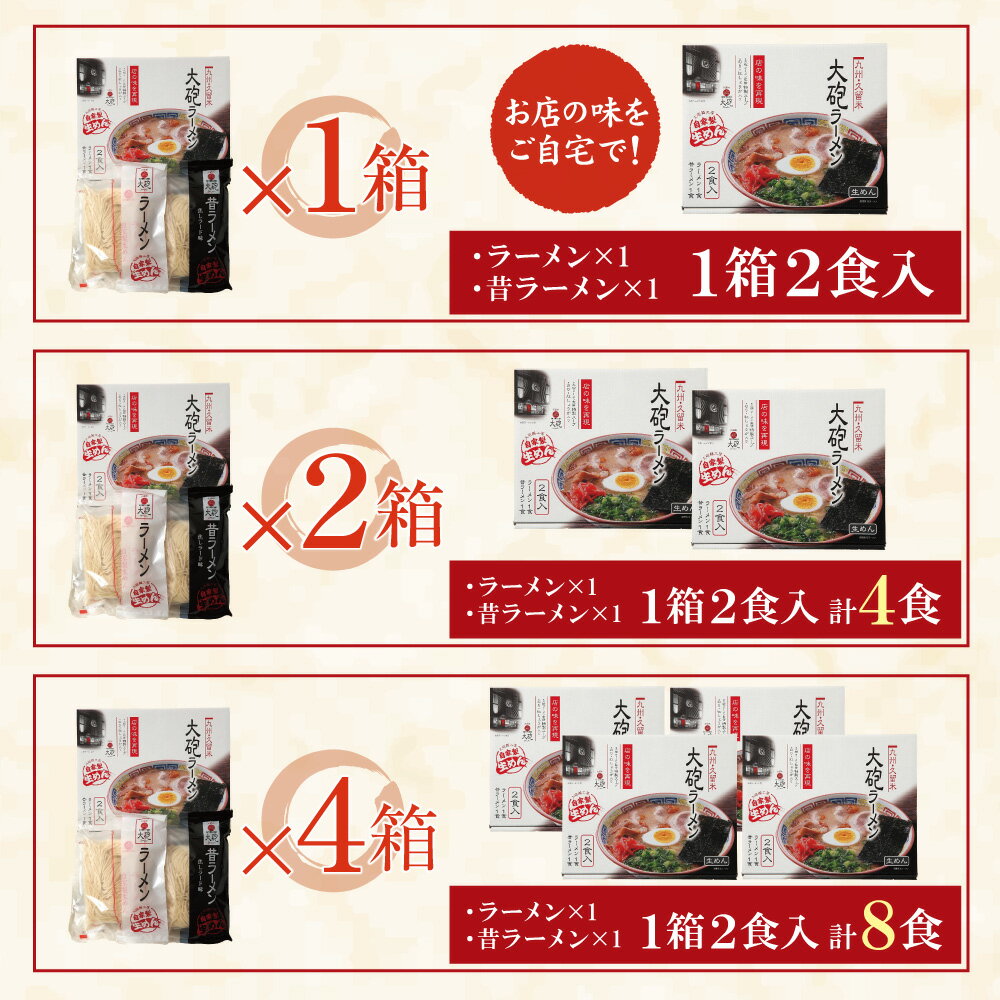 久留米ラーメンの真髄「呼び戻しスープ」発祥の老舗名店　【ふるさと納税】 レビューキャンペーン 選べる1〜4箱 今昔を一度に堪能!!大砲 生・生ラーメン 箱入り 2食〜8食 とんこつラーメン 豚骨