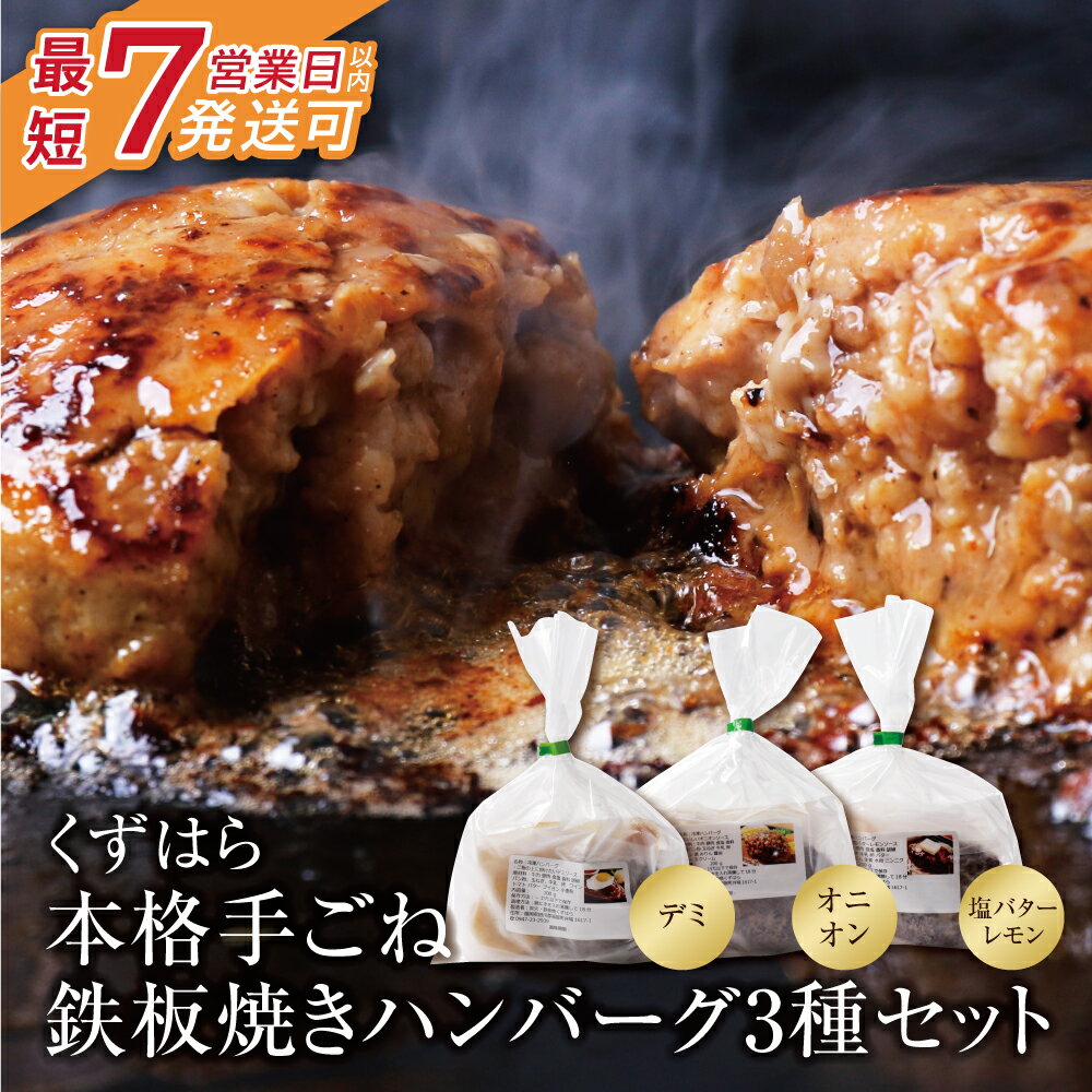くずはら 本格手ごね鉄板焼きハンバーグ3種(デミ、オニオン、塩バターレモン) 最短発送 ハンバーグ専門店 贈り物 おうちごはん 冷凍 惣菜 送料無料 U07-01 [上野焼チャンス]