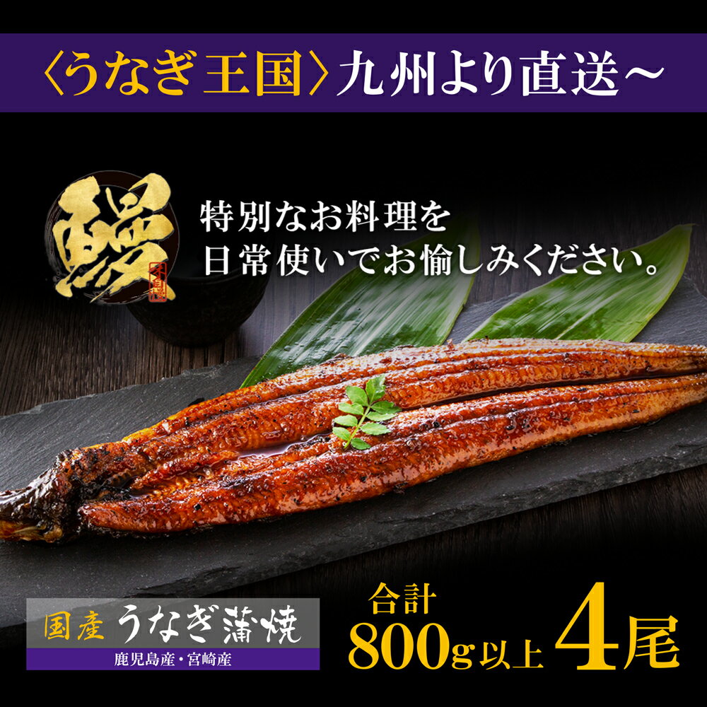 【ふるさと納税】 国産うなぎ蒲焼特大サイズ4尾（計800g以上）鰻蒲焼用タレ・山椒付 うなぎ生産量日本一鹿児島県産・宮崎県産 M61-74