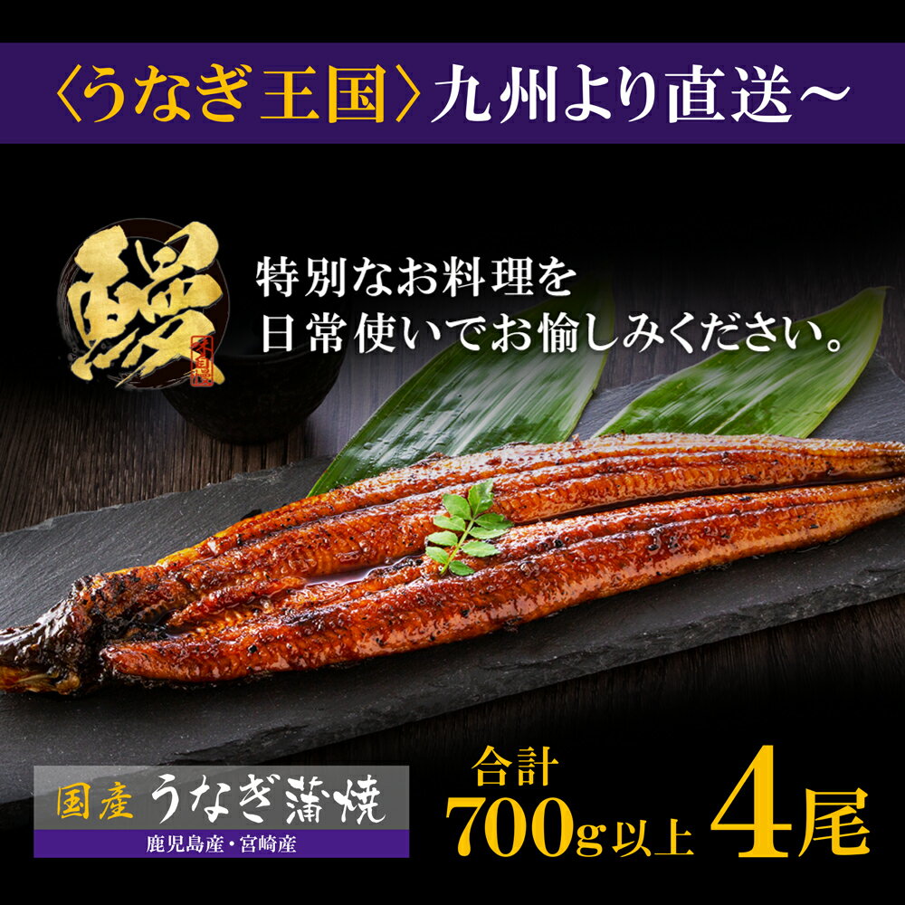 【ふるさと納税】 国産うなぎ蒲焼大サイズ4尾（計700g以上）鰻蒲焼用タレ・山椒付 うなぎ生産量日本一鹿児島県産・宮崎県産 M61-73