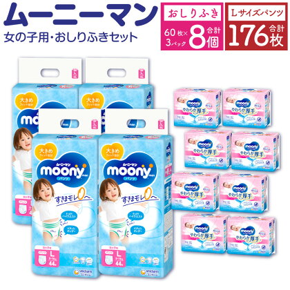 ムーニーマン 女の子用 Lサイズ 44枚×4袋 総合計176枚 おしりふき やわらか 厚手 詰替 60枚×3個入×8パック 2種 セット おむつ オムツ 子供用 ベビー用品 消耗品 ムーニーマン ユニ・チャーム ウエット パンツ タイプ 福岡県 苅田町 2個口発送 送料無料