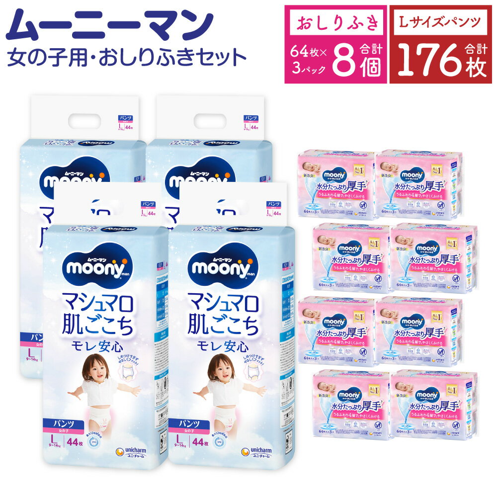 ムーニーマン 女の子用 Lサイズ 44枚×4袋 総合計176枚 おしりふき やわらか 厚手 詰替 64枚×3個入×8パック 2種 セット おむつ 子供用 ベビー用品 消耗品 ユニ・チャーム ウエット パンツ 福岡県 苅田町 2個口発送 送料無料