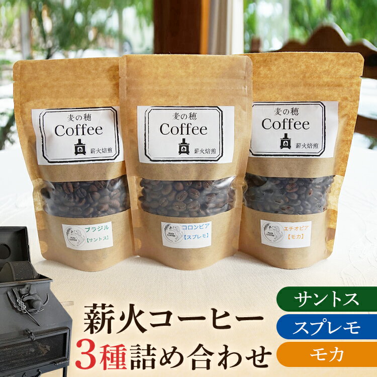 コーヒー 3種 詰め合わせ セット 薪火 100g×3袋 コーヒー豆 モカ スプレモ サントス ブラジル コロンビア エチオピア 薪火 薪ストーブ 桜 りんごの木 焙煎