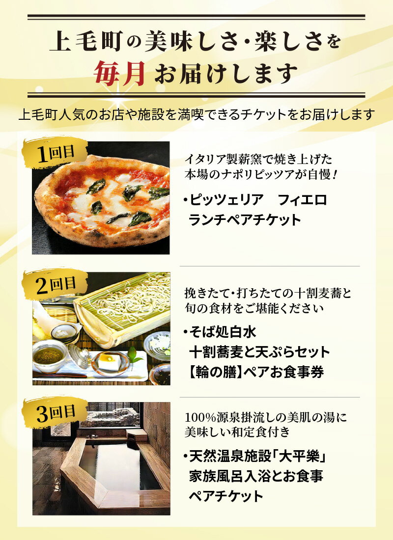 【ふるさと納税】お楽しみ 満喫 セット C【 定期便 3回 毎月 】 特産品 お食事 チケット お食事券 券 お店 イタリアン 蕎麦 天ぷら 施設 温泉 家族風呂 入浴 ペアチケット 叶え屋 そば処 白水 湯ノ迫温泉 大平樂 人気 おすすめ 送料無料