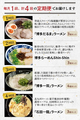 福岡県上毛町 【ふるさと納税】ラーメン セット A 【 定期便 4回 毎月 】福岡 名店 博多だるま 博多らーめんShin-Shin 博多一双 石田一龍 細麺 極細麺 激細麺 豚骨 博多ラーメン 食品 人気 おすすめ お取り寄せ お取り寄せグルメ 送料無料 画像3