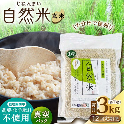 【12回定期便】栽培期間中 農薬・化学肥料不使用 自然米 玄米 3kg（ヒノヒカリ 1kg×3袋）/自然庵[UCQ024]