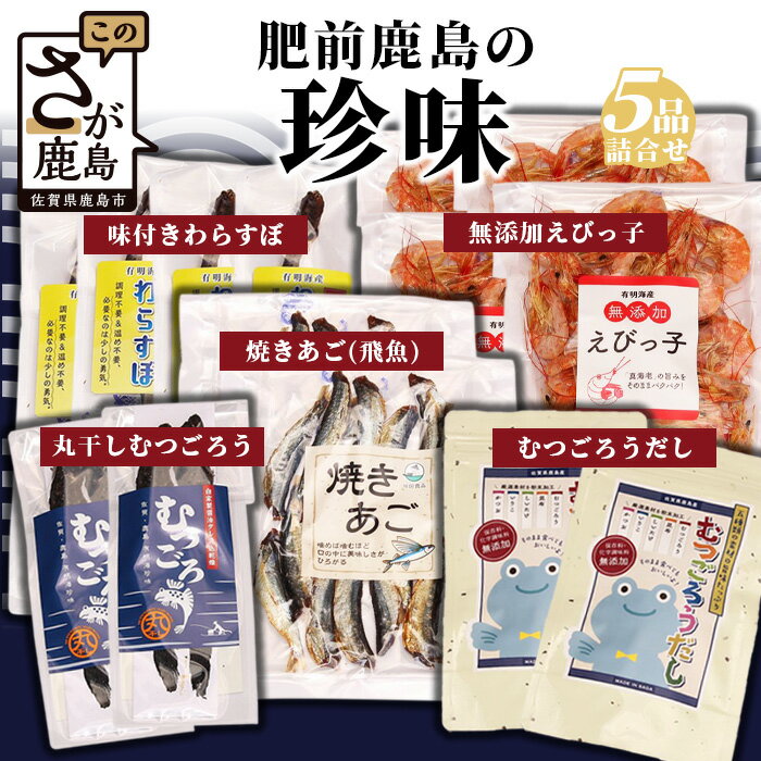 【ふるさと納税】肥前鹿島の珍味5品（ 丸干しむつごろう・味付きわらすぼ・むつごろう出汁・えびっこ・焼きあご）ムツゴロウ ワラスボ 干しえび あご 飛魚 トビウオ おやつ おつまみ 温め・調理不要 有明海産 ご当地 特産品 詰め合わせ 珍味 佐賀県 鹿島市 送料無料 D-146のサムネイル