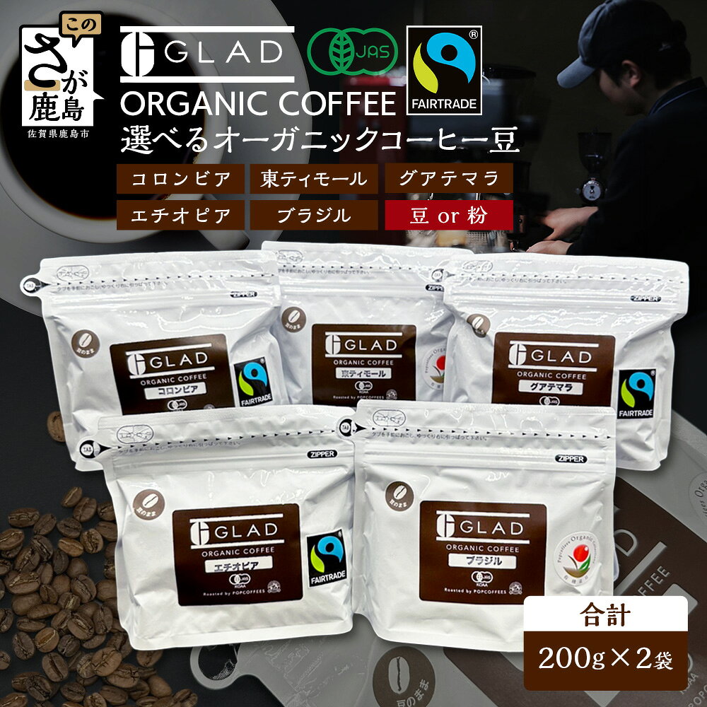 コーヒー豆 珈琲豆 オーガニックコーヒー豆 1袋 2袋 (1袋200g) 全5種 [ 選べる豆 or 粉 ]有機JAS フェアトレード コーヒー 焙煎豆 おうちカフェ お取り寄せ 飲料 佐賀県 鹿島市