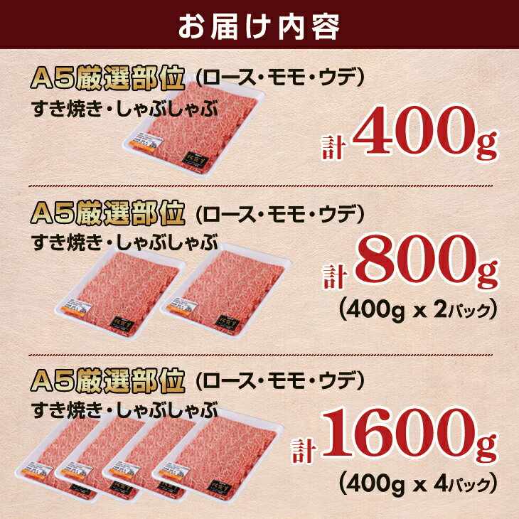 【ふるさと納税】【選べる内容量】 佐賀牛 A5 すき焼き しゃぶしゃぶ 厳選部位 400g~1600g ブランド牛 黒毛和牛 九州 佐賀 送料無料 A5だけブランド牛 しゃぶしゃぶ肉 すき焼き肉 すきやき スライス 薄切り 人気 ランキング 高評価 牛肉 国産 佐賀県産 内容量を選べる