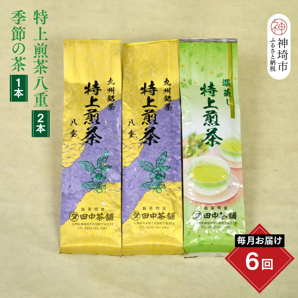 【ふるさと納税】【毎月お届け6回】特上煎茶八重2本と季節のお茶1本(合計100g×3本)【田中茶舗 銘茶問屋 特上煎茶 八重 100g サエミドリ 甘い口当たり うま味 渋み 深み 九州】(H047120)