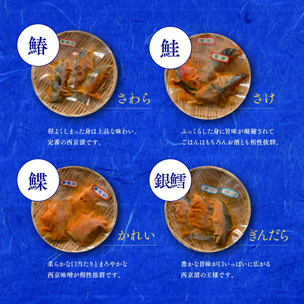 【ふるさと納税】魚屋さんのこだわり西京漬けセット(4種類12切) 【味噌漬け 銀ダラ 鮭 カラスカレイ サワラ 脂がのった】(H071120)