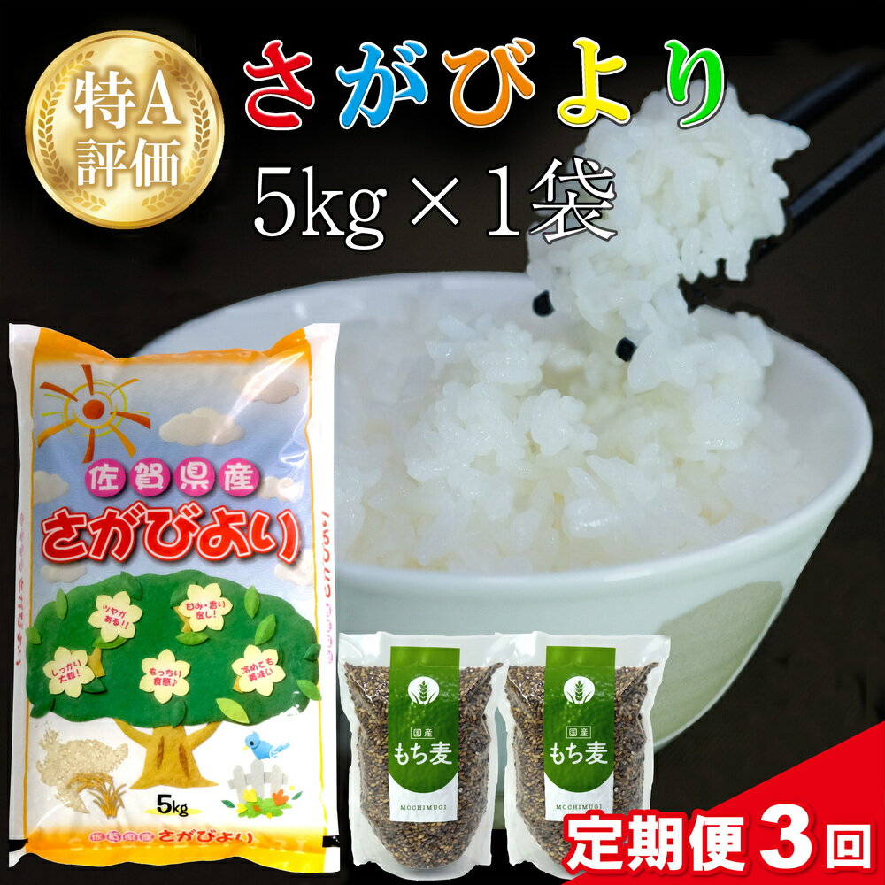 [3カ月定期便]令和5年産 さがびより 5kg+もち麦 2袋[特A米 米 ブランド米 県産米 精米 ごはん おにぎり お弁当 もち麦 もちむぎ 食物繊維 ぷちぷち もちもち] C1-R018333