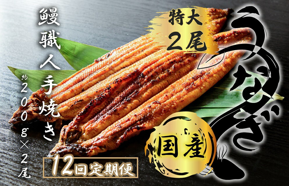 【12回定期便】九州産　うなぎ職人手焼き　蒲焼　国産　有頭鰻 1尾あたり約200g×2尾（合計約400g以上）たれ・山椒セット（FK017）