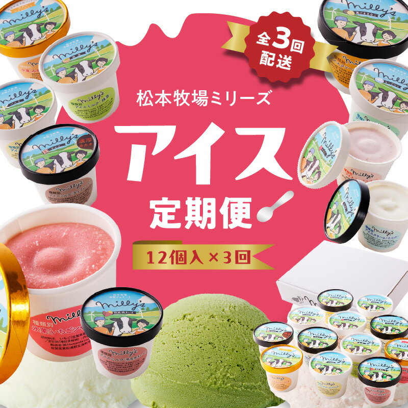 松本牧場アイス定期便(12個入り×3回) 〜本格ジェラート&シャーベット〜/ 自然豊か 牧場 搾りたて 新鮮 ミルク 玄海町産素材使用 いちご みかん 本格ジェラート ジェラート アイス 抹茶 チョコ ＼レビューキャンペーン実施中/