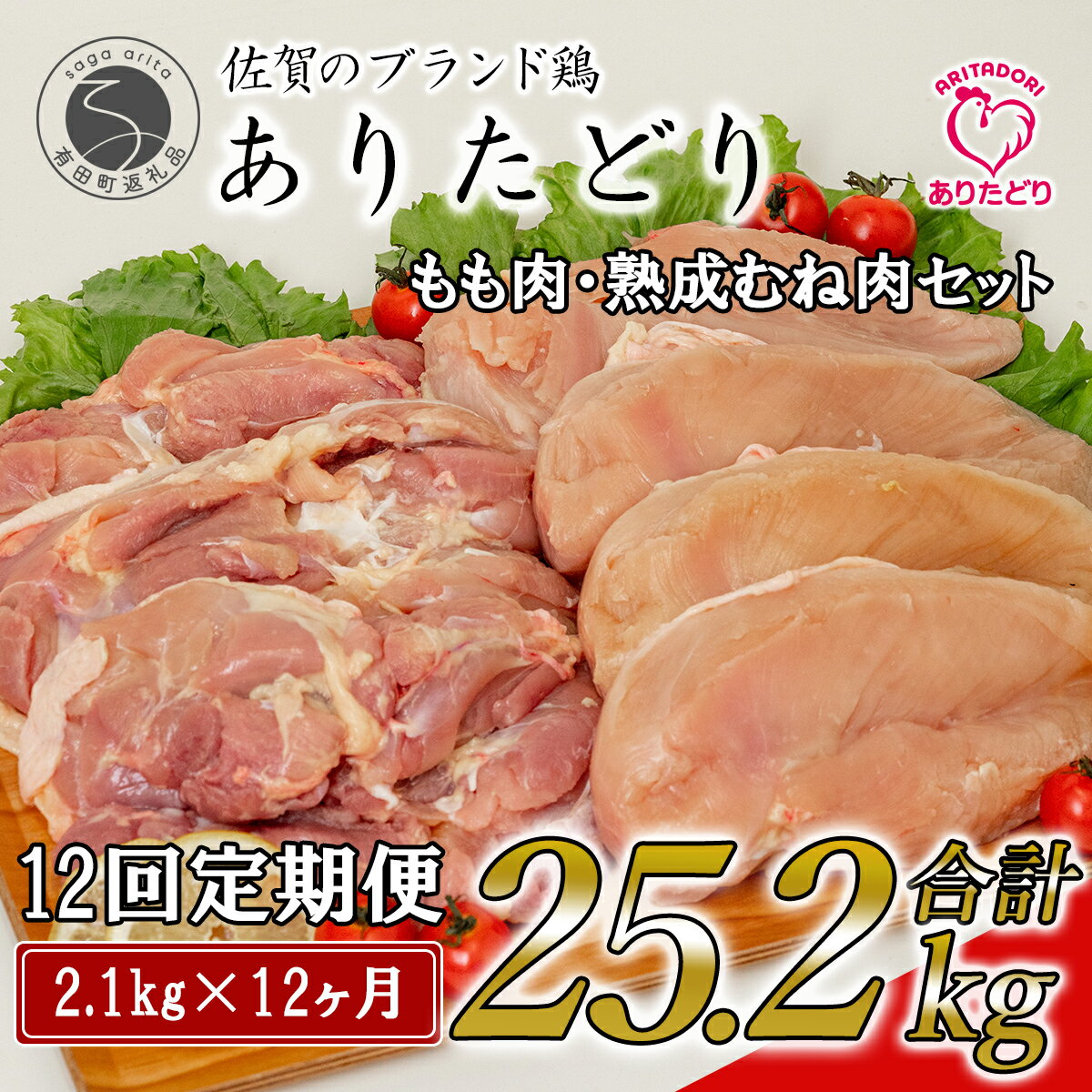 N140-3【ふるさと納税】【12回定期便 総計25.2kg】ありたどり もも肉 熟成むね肉 セット 計2.1kg 300g 7パック 12回 定期便 鶏肉 むね肉 ムネ肉 胸肉 真空パック 140000円