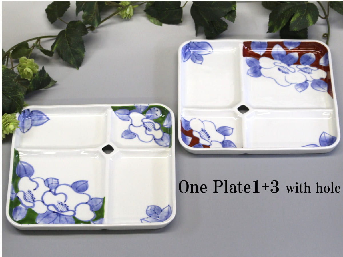 A40-204有田焼 One Plate 1+3 椿 (緑 赤) 2枚セット 三光堂