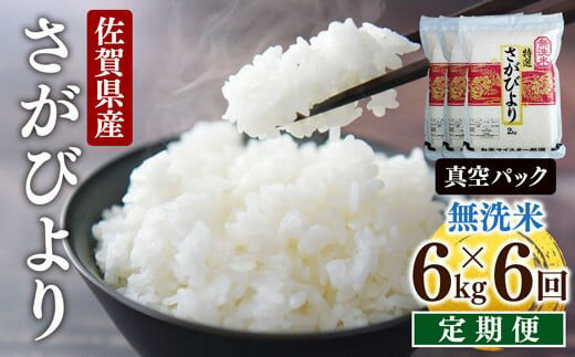 12位! 口コミ数「0件」評価「0」＜定期便・全6回＞ 令和5年産 特A評価 無洗米 さがびより 6kg 計36kg 【 真空パック 】