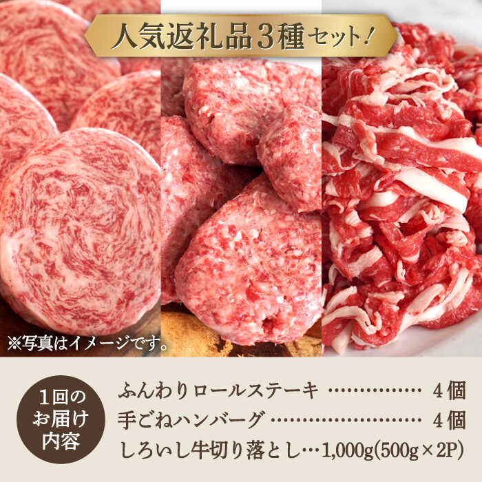 【ふるさと納税】【牧場直送】【12回定期便】人気返礼品詰め合わせ！牛肉100%ふんわりロールステーキ 4個＆手ごねハンバーグ 4個＆しろいし牛 切り落とし 1000g【有限会社佐賀セントラル牧場】切落し 詰め合わせ 食べ比べ セット 牛肉 肉 お肉 [IAH187]