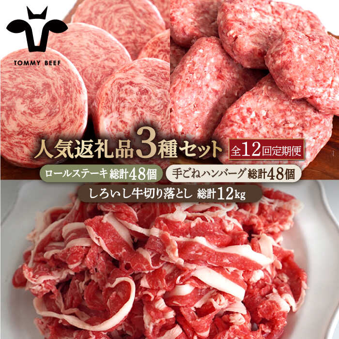 【牧場直送】【12回定期便】人気返礼品詰め合わせ！牛肉100%ふんわりロールステーキ 4個＆手ごねハンバーグ 4個＆しろいし牛 切り落とし 1000g【有限会社佐賀セントラル牧場】切落し 詰め合わせ 食べ比べ セット 牛肉 肉 お肉 [IAH187]