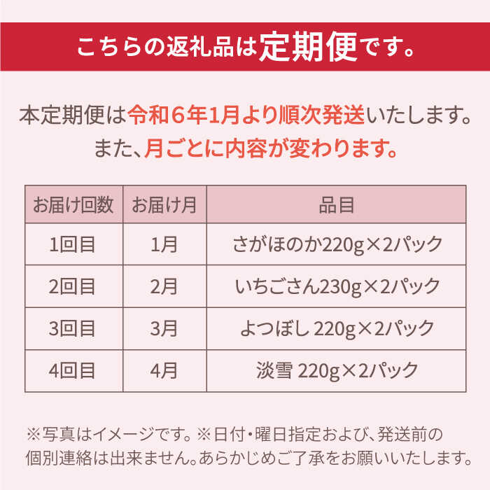 【ふるさと納税】【先行予約】【全4回定期便】いちご 4品種 食べ比べ 白いちご など 希少品種 も！ 【岸川農園】さがほのか よつぼし いちごさん 淡雪 イチゴ 赤イチゴ 苺 果物 フルーツ 佐賀県産 白石町産[IAP011]