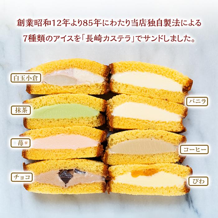 【ふるさと納税】長崎カステラアイス　7種 計8個（バニラ・抹茶・苺・びわ・チョコ・白玉小倉・コーヒー）＜ニューヨーク堂＞ | カステラ アイス 食べ比べ 長崎 冷凍 人気 お菓子 スイーツ アイスクリーム ギフト 贈答 プレゼント ご当地 お取り寄せ お土産 長崎県