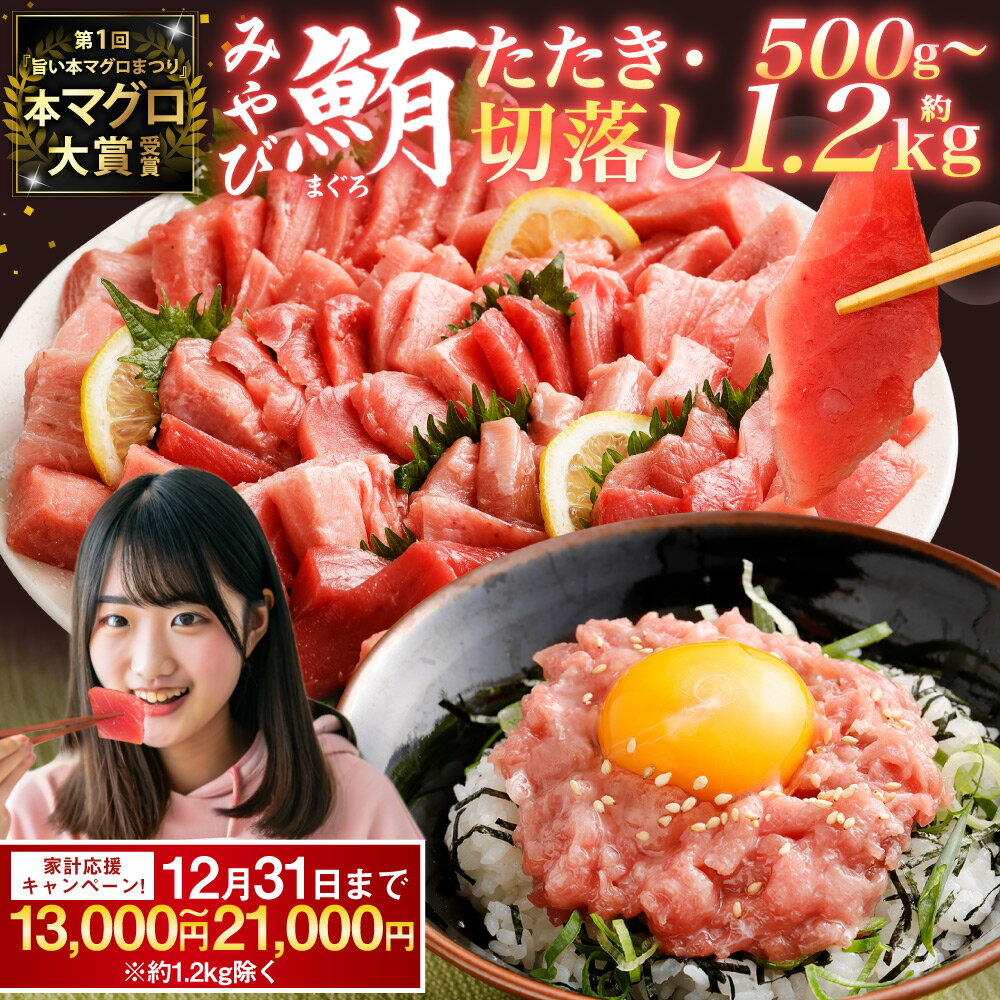 【ふるさと納税】 【期間限定！～12月31日まで寄附額改定中】本マグロ大賞受賞 みやび鮪 たたき ・ 訳あり 切り落とし 端っこちゃん セット 選べる容量 ( 計 約500g / 約800g / 約1.2kg ) | まぐろ 鮪 本まぐろ タタキ トロ 中落ち すき身 冷凍まぐろ 訳アリ 不揃い 冷凍