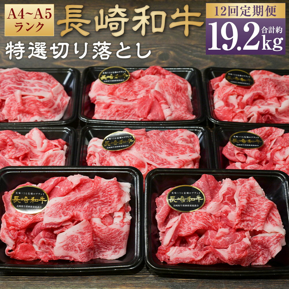 [全12回定期便]A4~A5ランク 長崎和牛 特選 切り落とし 約1.6kg(200g×8パック) 計19.2kg(1.6kg×12回)肩ロース しゃぶしゃぶ すきやき 牛 牛肉 お肉 焼肉用 国産牛 和牛 冷凍 長崎県 長崎市 送料無料