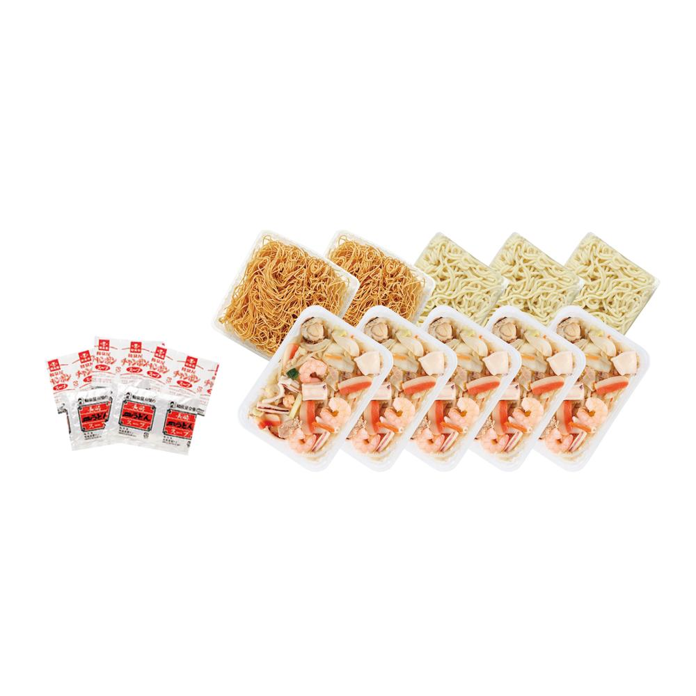 【ふるさと納税】【全6回定期便】長崎海鮮具入り ちゃんぽん×3袋・皿うどん×2袋 計5食 100%国産野菜 エビ イカ 海鮮 豚肉 お肉 太麺 揚げ麺 麺類 簡単調理 冷凍 長崎県 長崎市 送料無料